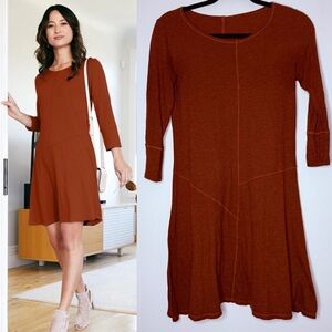 BLUE CANOE Organic 3/4 Sleeve Slub Puzzle Dress in Rust